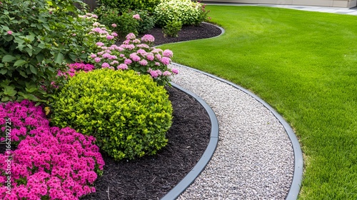 Stunning Landscape Design with Pink Flowers, Green Bushes, and Gravel Pathway