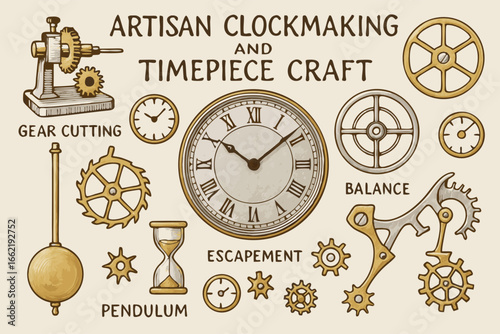 Artisan Clockmaking and Timepiece Craft Elements Vector Illustration
