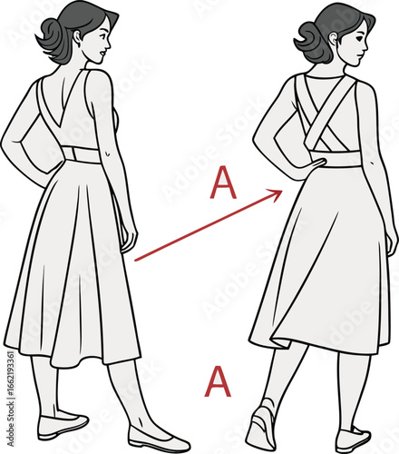 Vintage fashion illustration of a woman in a modest dress