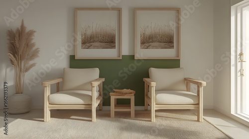 Serene Minimalist Living Room Interior Design with Wooden Chairs and Natural Decor