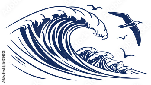Illustration of a large ocean wave with smaller waves and seagulls flying in the sky above it