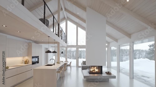 Modern Scandinavian home interior, showcasing a spacious open-plan design with a central fireplace and panoramic views.