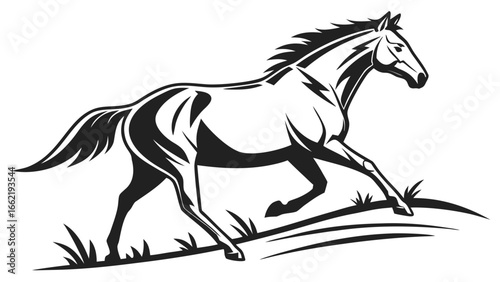 Stylized black and white illustration of a horse galloping across a grassy field design element 100
