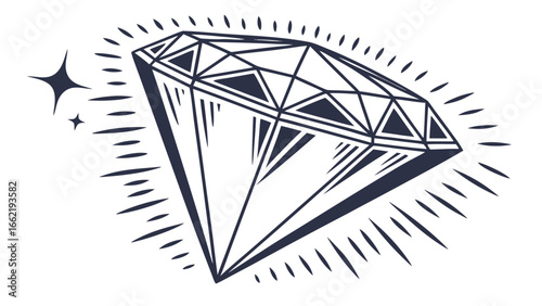 A stylized illustration of a diamond with facets and radiating lines around it shining brightly