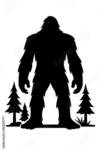 An enigmatic Bigfoot stands silhouetted against a minimalist backdrop of pine trees, exuding an aura of mystery and wilderness.