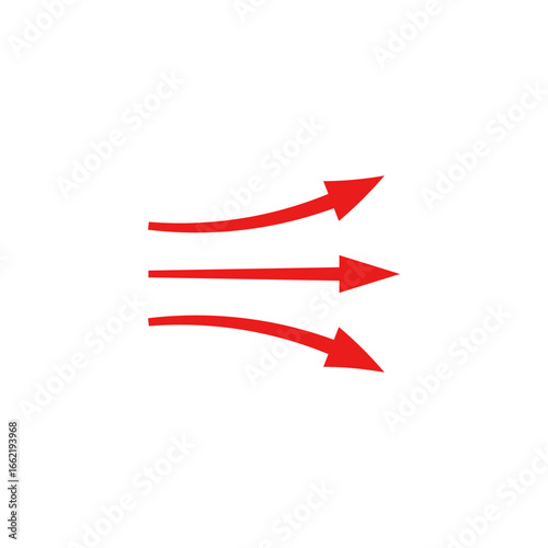 Three red arrows portraying dynamic motion flow. the design features curved and straight shapes.