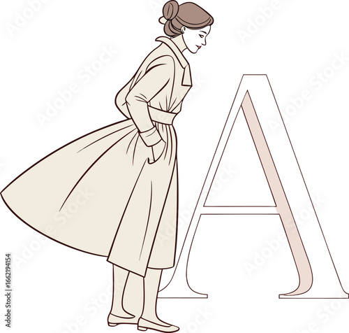 Vintage fashion illustration of a woman in a modest dress