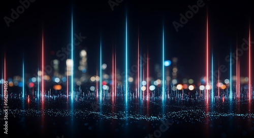 ​A high-resolution visual of a futuristic data landscape with abstract light patterns and a blurry urban background.