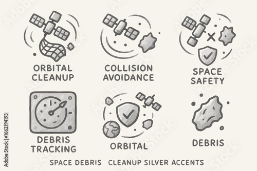 Space Debris Cleanup Icons - Orbital, Safety, and Tracking Concepts