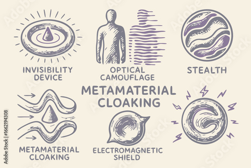 Metamaterial Cloaking Technology: Invisibility Device, Optical Camouflage, Stealth, Electromagnetic Shield Schematics
