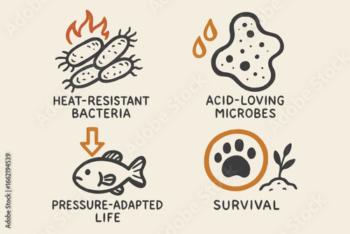 Life Adaptation Icons, Extremophiles, Survival Strategies Vector Illustration
