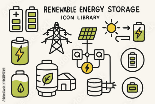 Renewable Energy Storage Doodle Icon Set