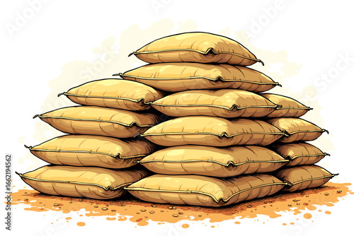 Stacked grain sacks in a pile on a light background