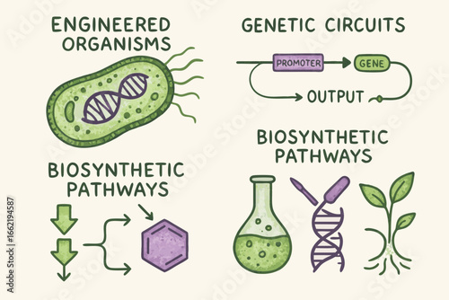 Engineered Organisms, Genetic Circuits, and Biosynthetic Pathways Illustration
