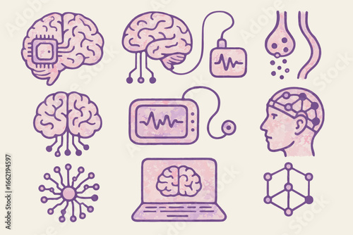 Brain Technology Icons Set, Artificial Intelligence, Neuromorphic Computing, Brain-Computer Interface