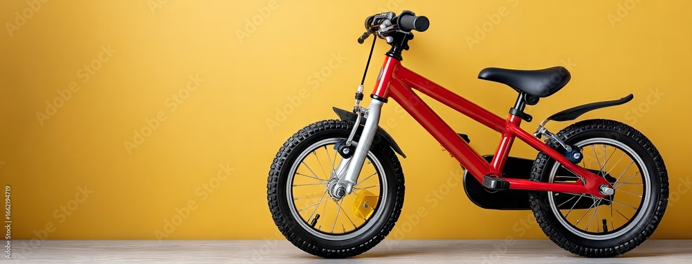 Fototapeta premium Colorful tricycle parked by blue wall with potted plant in sunny outdoor setting during the day