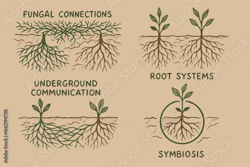 Plant Root Systems Illustration - Fungal Connections, Underground Communication, Symbiosis