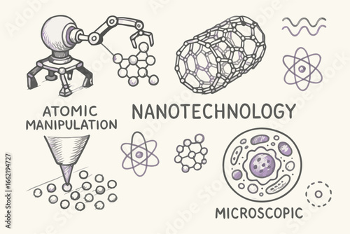Nanotechnology & Atomic Manipulation Sketch Illustration