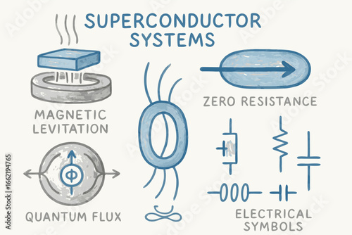 Superconductor Systems Diagram: Magnetic Levitation, Quantum Flux, Zero Resistance, Electrical Symbols