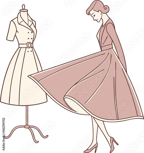 Vintage fashion illustration of a woman in a modest dress