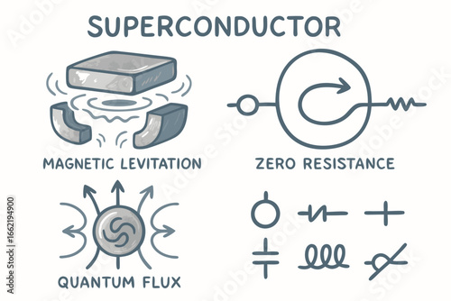 Superconductor Phenomena Illustrated Diagram: Magnetic Levitation, Zero Resistance, Quantum Flux