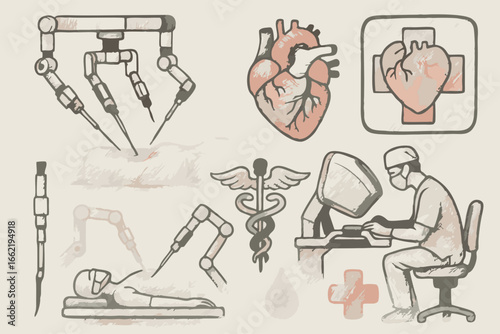 Robotic Surgery and Medical Icons: Hand-Drawn Illustration