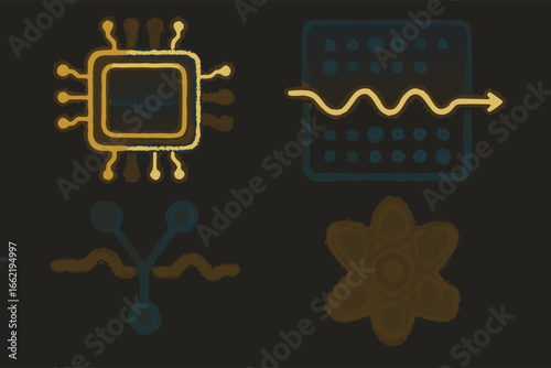 Science & Tech Icons - Quantum Computing, Signal Processing, and Atomic Structure