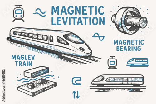 Maglev Train and Magnetic Levitation Technology Sketch Illustration