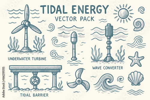 Tidal Energy Vector Pack: Underwater Turbines, Barriers, Wave Converters