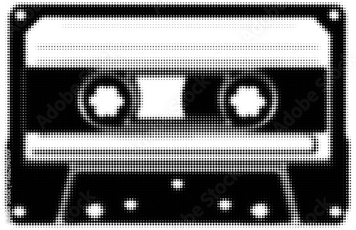 Black and white halftone design of a retro cassette tape recording. Vector illustration