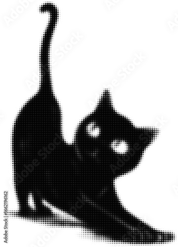 Black and white halftone silhouette of a stretching cat. Vector illustration