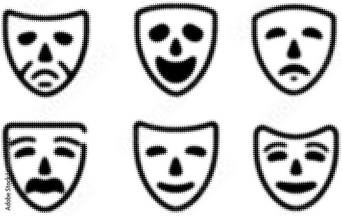 Facial expression masks in black and white with emotional variations. Vector illustration