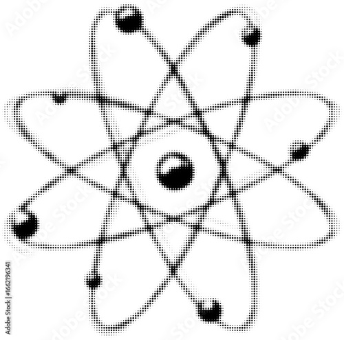 Black and white stylized atom with orbiting electrons. Vector illustration