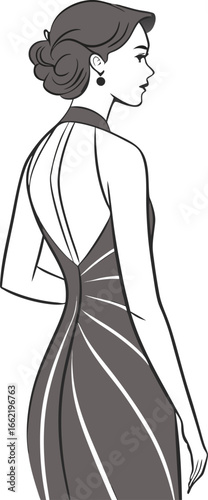 Vintage fashion illustration of a woman in a modest dress