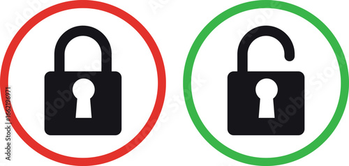 Lock and unlock icon privacy symbol set in red and green color . Set of close and open locks. Lock icon collection. 
