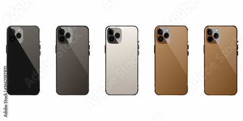 Five smartphones in different colors on a white background