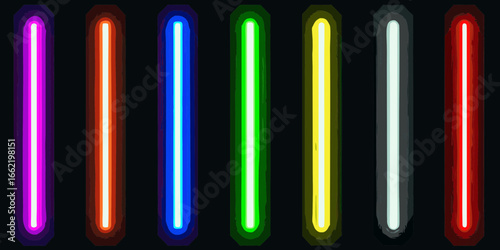 Row of vertical glowing neon light bars on black tube