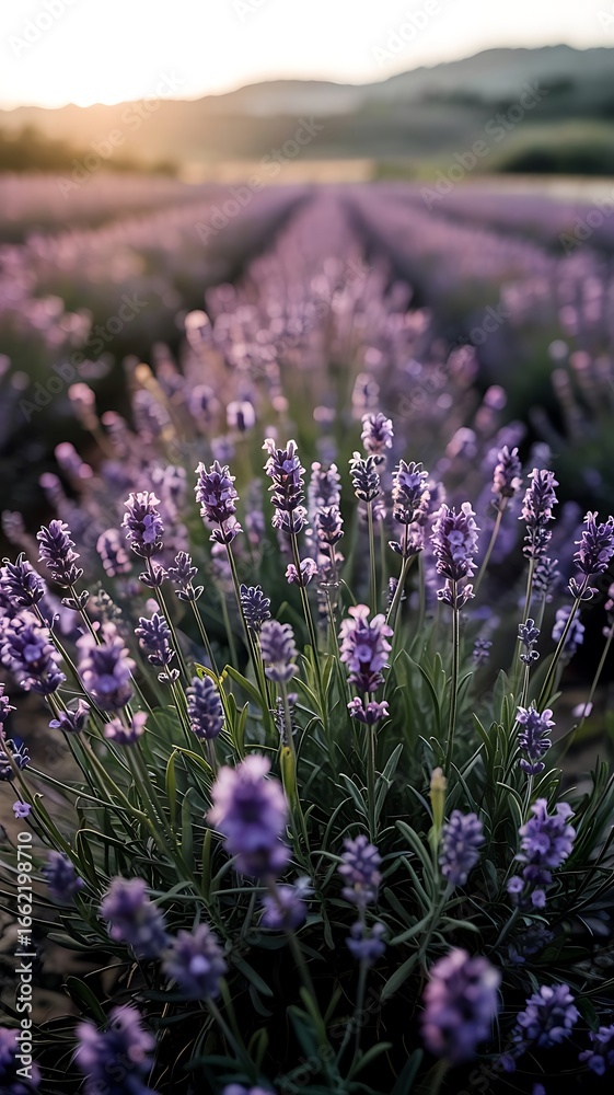 Obraz premium Ultra-Realistic Close-Up of Blooming Lavender Flowers in Field, Rich Purple Colors, Sun Rays, Shallow Depth, Cinematic Lighting