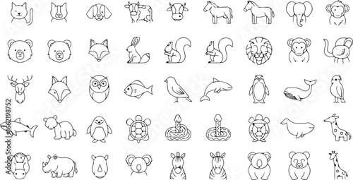 Animal Icon Set Line Art Black And White Doodles Diverse Wildlife