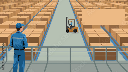 A warehouse scene with a worker overseeing forklift operation amidst rows of stacked cardboard boxes and railings