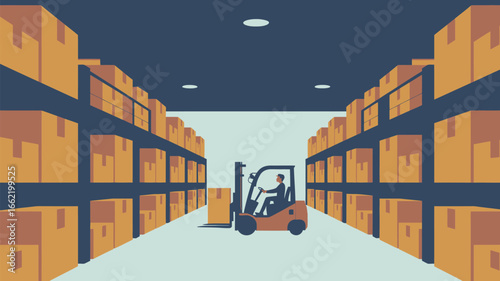 A forklift operator working in a warehouse filled with shelves of cardboard boxes on both sides of aisle