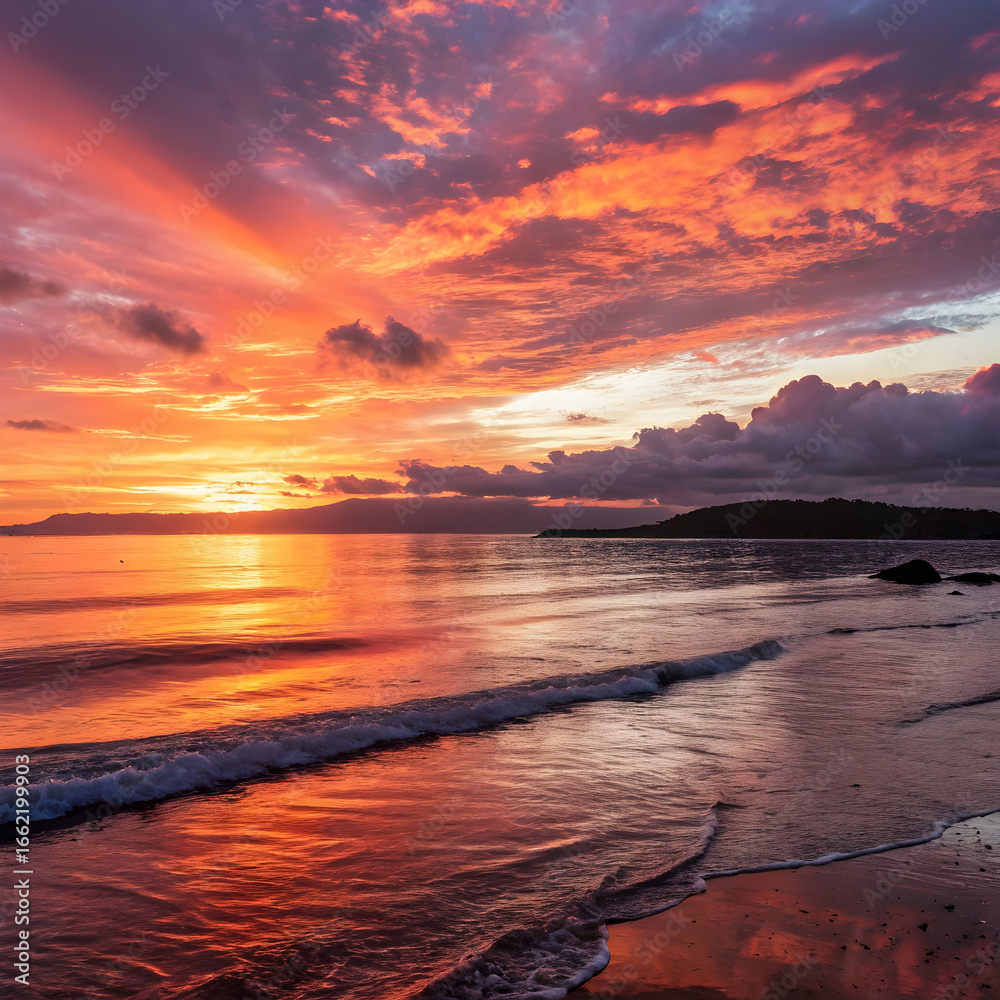 Fototapeta premium A breathtaking view of the sunset over the sea, where the golden and orange hues reflect across the calm waters, creating a serene and mesmerizing horizon.