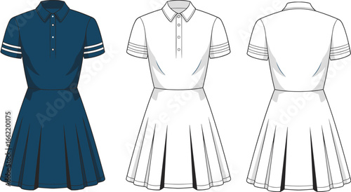 Fashion polo collar dress with pleated skirt, short sleeves, button front, sporty stripes, casual women’s outfit, stylish summer clothing design