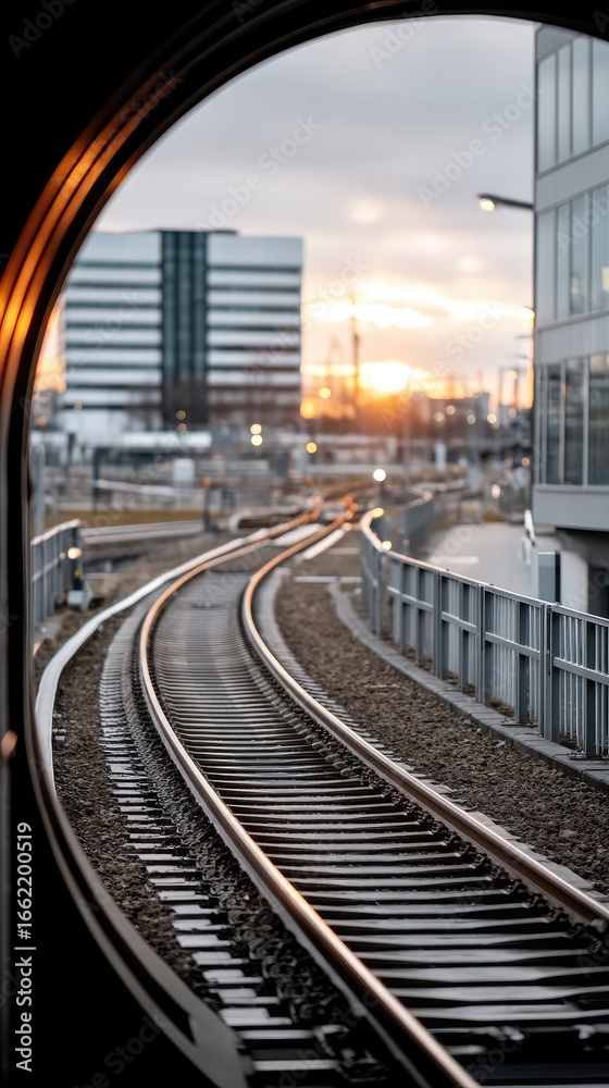 Naklejka premium Sunset view over curved railway tracks through urban architecture in a modern city setting