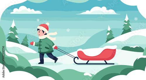 Child pulling a sled in a snowy landscape during winter