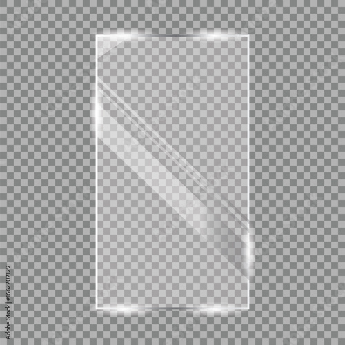 glass,plate,transparent A realistic vector illustration of a rectangular glass plate with glossy highlights a transparent isolated template for a modern window pane or a screen protector graphic
