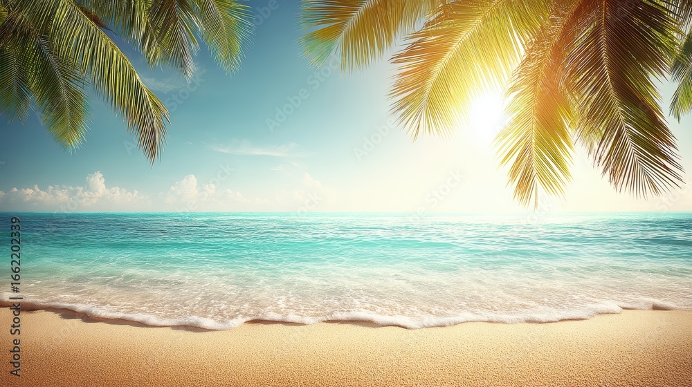 Fototapeta premium Sunny tropical beach with palm trees, clear turquoise water, and gentle waves under a bright blue sky