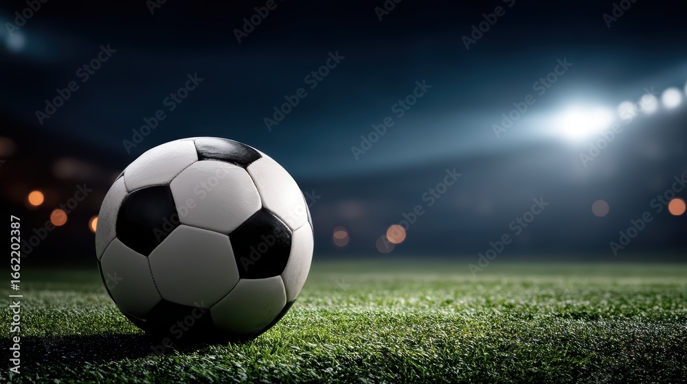 Fototapeta premium A classic black and white soccer ball rests on a green field under bright stadium lights at night