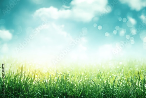 Bright green grass under a blue sky with soft clouds and sunlight, creating a fresh, serene, and natural outdoor scene