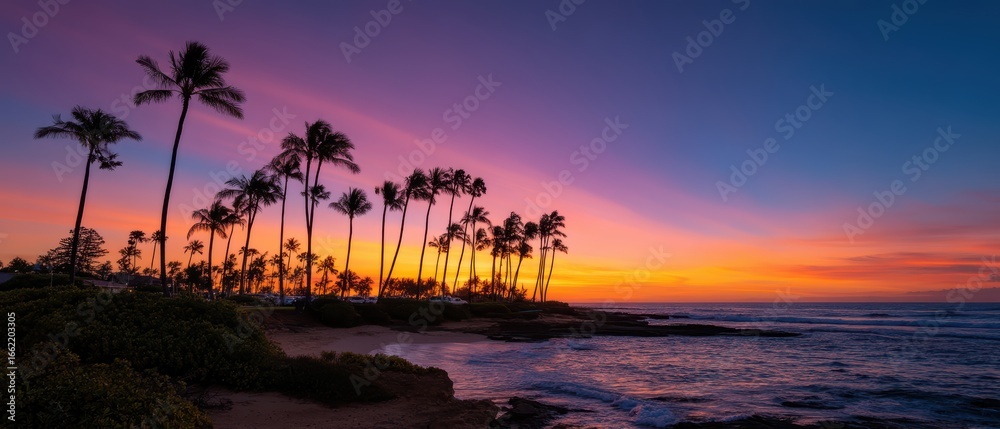 Obraz premium Palm trees silhouette against a vibrant sunset sky over a tranquil beach with gentle ocean waves
